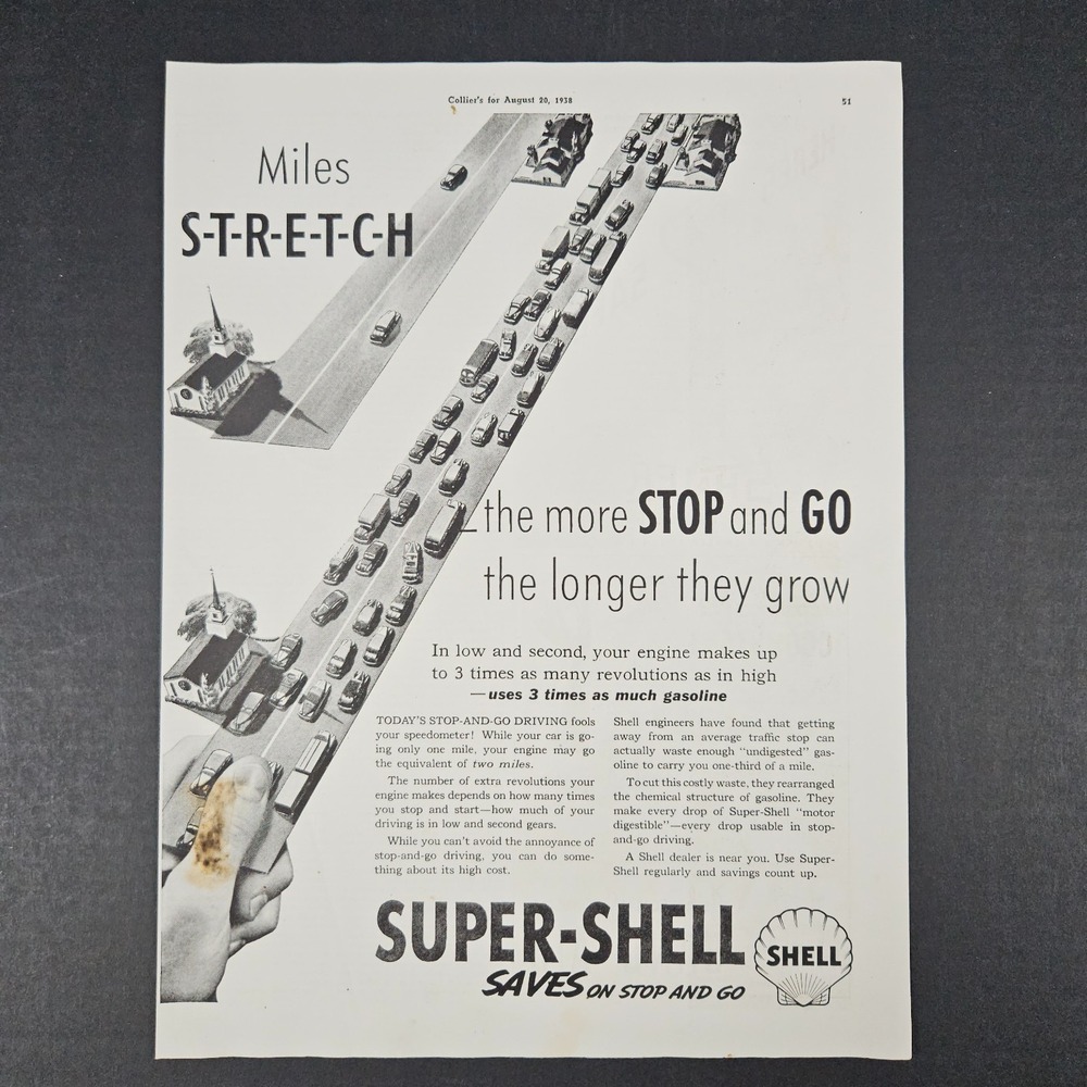 1938 Super-Shell Gasoline Gas Vintage Print Ad Saves On Stop & Go Mancave Garage